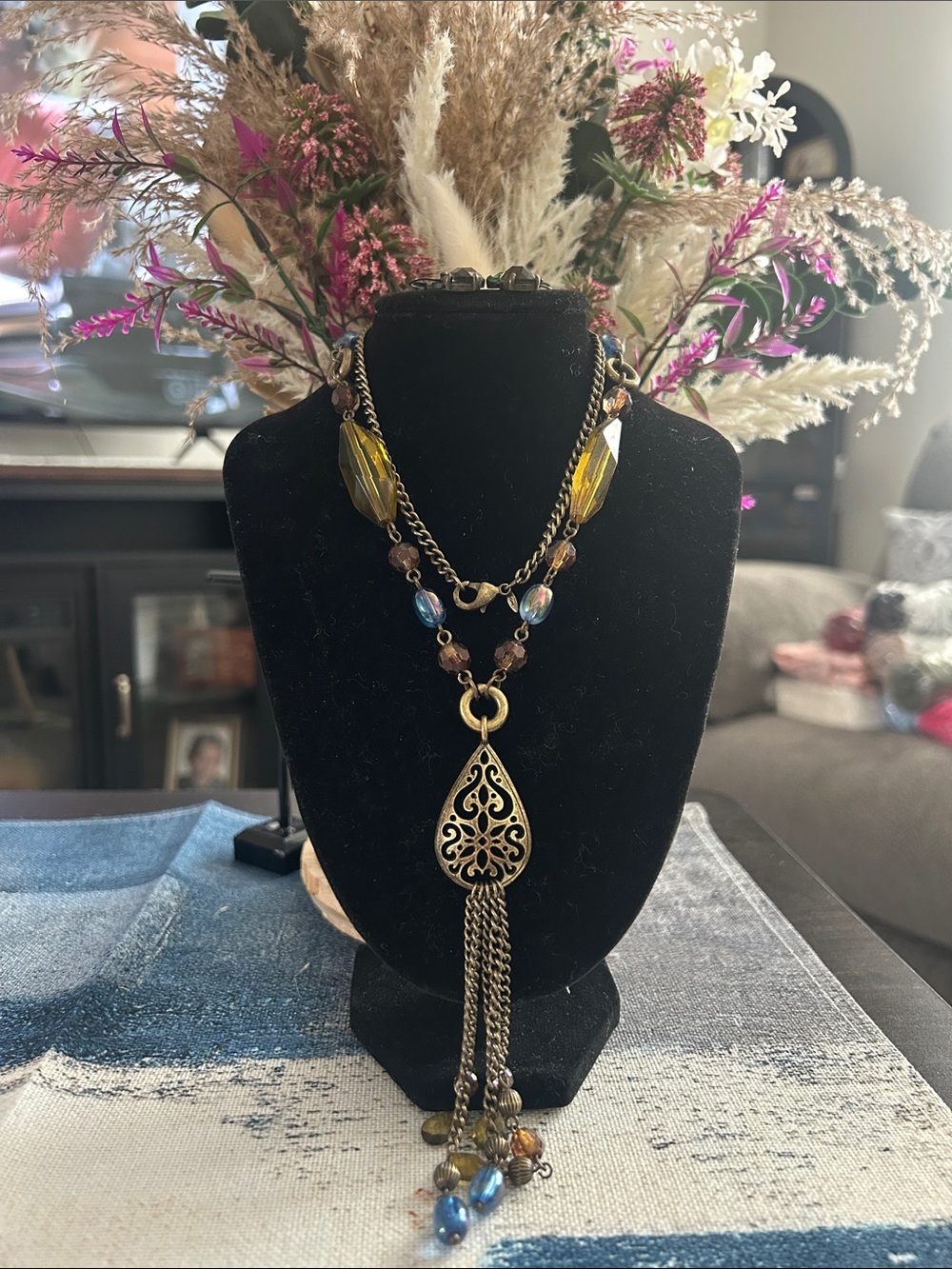 Boho Gold-Tone Filigree Pendant Necklace with Amber and Blue Beads